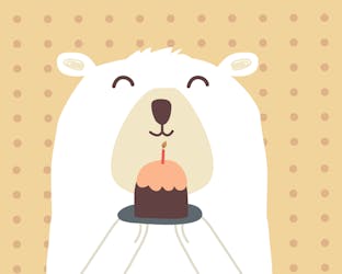 Cute white bear wishing Happy Birthday holding a muffin