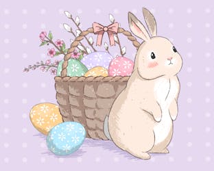 Sweet rabbit standing with an Easter basket filled with Easter eggs