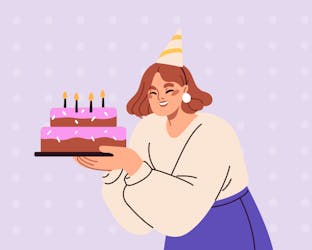 A colleague is holding a birthday cake a colleague is holding a balloon