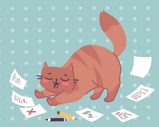 Cat stretching writing ecard