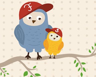 Father and son owls sitting together on a branch wearing baseball caps